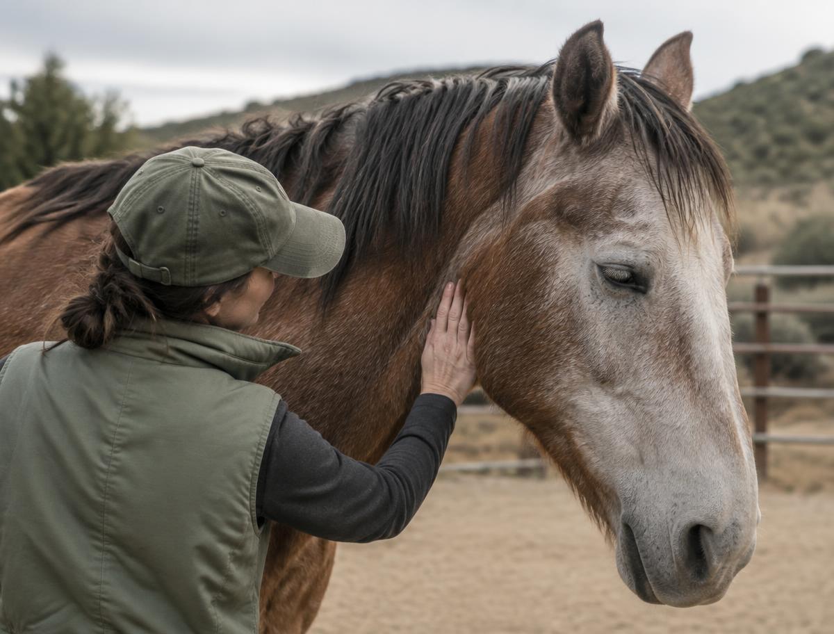 A volunteer resting a hand on the neck of an older rescue horse