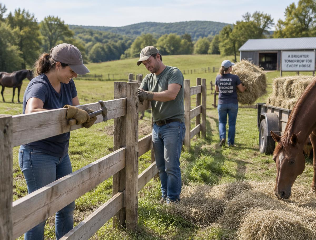Volunteers repairing pasture fencing and moving hay at the rescue